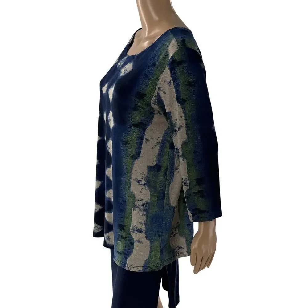 Clara Sunwoo Blue Geometric Patterned Silky Stretch Knit Tunic Top